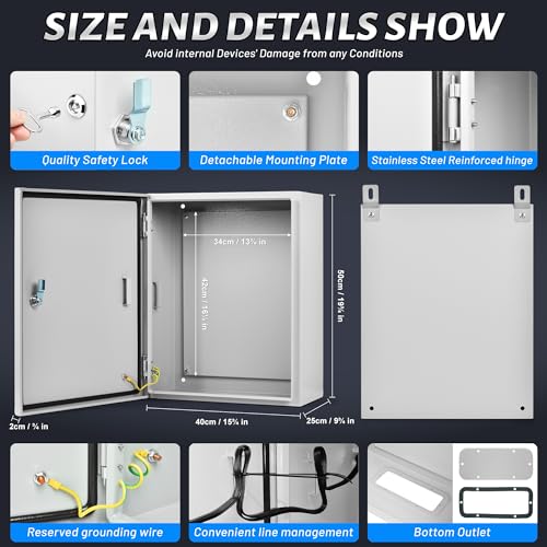 Steel Electrical Junction Box, 20 x 16 x 10 Waterproof & Dustproof Electrical Enclosure, Outdoor & Indoor Universal Project Box with Lock & Mounting Plate - size: 20 x 16 x 10"
