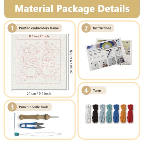 DOODLREAM Christmas Penguins DIY Punch Needle Embroidery Kit for Adult Beginner, 9.4" Snow Mountain Animal Punch Stitching Craft Set for Starter with Frame,Fabric Pattern,Threader, Yarn, Pinch Needle - color: Penguins