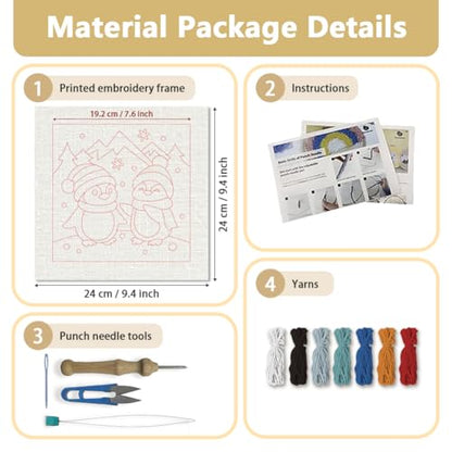 DOODLREAM Christmas Penguins DIY Punch Needle Embroidery Kit for Adult Beginner, 9.4" Snow Mountain Animal Punch Stitching Craft Set for Starter with Frame,Fabric Pattern,Threader, Yarn, Pinch Needle - color: Penguins