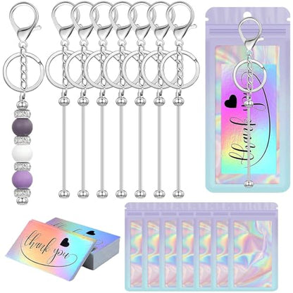 42/84/126 Pcs Beadable Keychain Bars Bulk Blank DIY Beaded Keychain Making Supplies with Bag Thank You Card - color: Silver