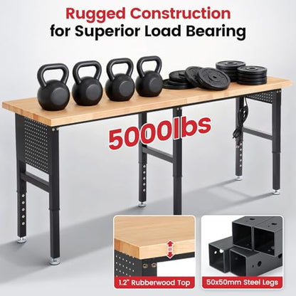 ENJOYWOOD 84" Adjustable Height Workbench with Pegboard & Power Outlet, 5000 LBS Capacity Heavy Duty Work Bench with Solid Rubberwood Top, Garage Work Table for Workshop