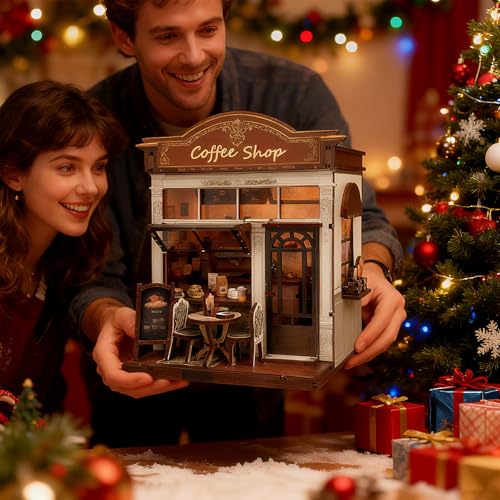 3D Wooden Coffee Shop Book Nook Kit - DIY Miniature Model with LED Lights, 143 Precision-Cut Pieces for Adults & Teens (1:24 Scale, Stress Relief Craft Gift) - color: Coffe Shop