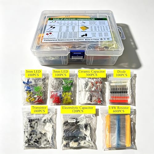 1500 Pieces of 7-Value Electronic Component Kit, Transistor Ceramic Capacitors, Electrolytic Capacitors, Resistors, and Diodes Electronic Component Kit
