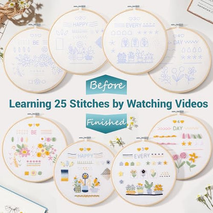 VIVIDOX 4 Sets Embroidery Kit for Beginners Adults, 25 Stitches Practice Kits Cross Stitch for Starter, DIY Hand Craft with Stamped Pattern, Bamboo Hoop, Threads, Scissors, Tools, Instruction - color: 25 Stitches Practice Kit (with 1 Hoop)