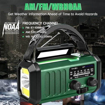 Emergency Weather Radio 20000mAh NOAA/AM/FM with 74000mWh USB/Solar/Hand Crank Charging, Battery Operated, SOS Alarm & Flashlight for Indoor/Outdoor Emergencies (Green)