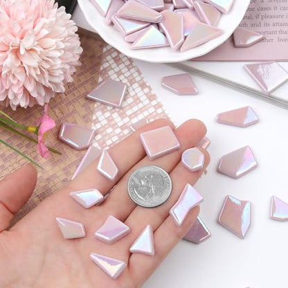 Youway Style 200g Iridescent Pink Glass Mosaic Tiles for Crafs Bulk - color: Pink, size: 200g