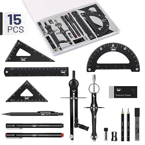 Mr. Pen- Professional Geometry Set, 15 pcs, Drafting Tools with Protractor - color: Black