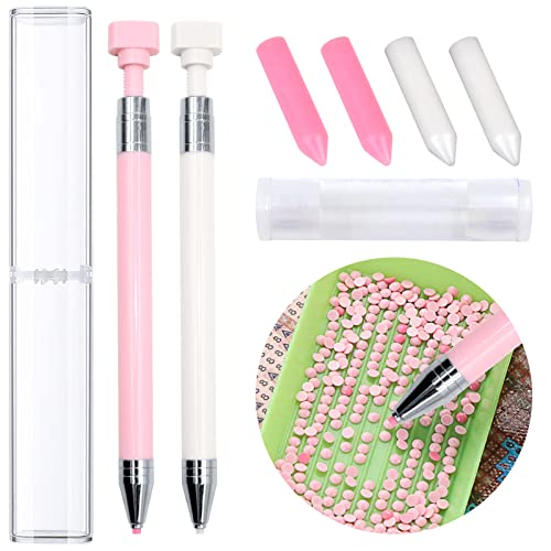 ZYNERY 2 Pcs Diamond Painting Pens with Wax, Refillable Wax Pen, Rotating Glue Point Drill Pen for Nail Art Rhinestones, Diamond Art Accessories and Tools, Quickly Pick Up Beads Gems (Pink, White) - color: pink+white (4 wax)