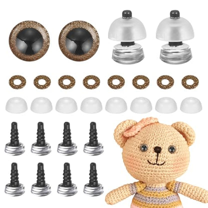 MECCANIXITY 12 Pcs Glitter Safety Eyes, 9mm Plastic 3D Crochet Doll Eyes with Washers and Drawstring Bag for Puppet Bear DIY Crafts Stuffed Animals Making Supplies, Brown - color: Brown