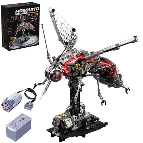 Mechanical Mosquito Building Block Kit, Dual Power Motor & Hand-Crank, Flapping Wings Moving Abdomen, Transparent Gear STEM DIY Model, - color: Mosquito Building With Motor