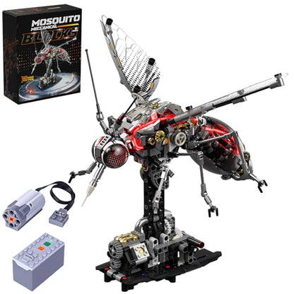 Mechanical Mosquito Building Block Kit, Dual Power Motor & Hand-Crank, Flapping Wings Moving Abdomen, Transparent Gear STEM DIY Model, - color: Mosquito Building With Motor