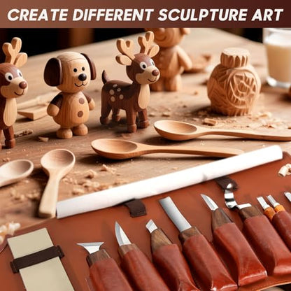 17Pcs DIY Wood Carving Tools, 6 Whittling Knives, 5 Detail Carving Knives - color: Brown02