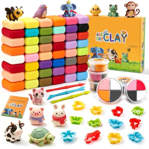 Air Dry Clay- Ultra Light Modeling Clay Set with 6 Shareable Jars & 48 Color Refill Packs, 12 Molds, 3 Tools No-Mess Magic Clay Arts and Crafts Gift Toddlers