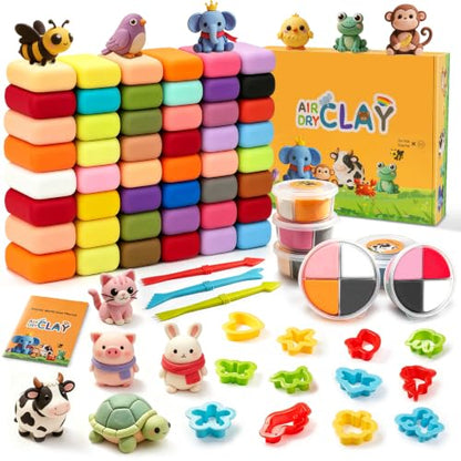 Air Dry Clay- Ultra Light Modeling Clay Set with 6 Shareable Jars & 48 Color Refill Packs, 12 Molds, 3 Tools No-Mess Magic Clay Arts and Crafts Gift Toddlers