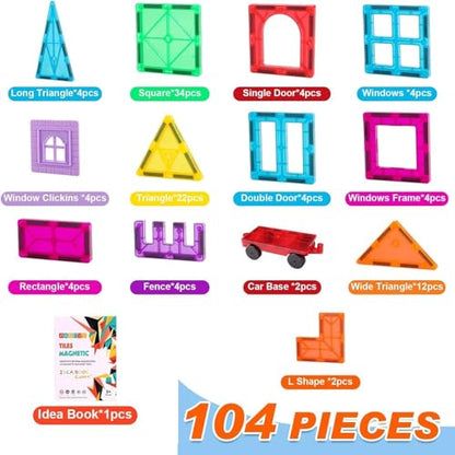 OugerToy 104PCS Magnetic Tiles STEM Building Blocks for Kids Ages 3-9 - style: 104PCS