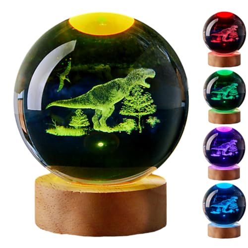 3D Dinosaur Crystal Ball Lamp with Remote Control, 3.15 inch T-rex Crystal Night Light with Wooden Base 16 Colors Change, Glass Dinosaur Figurine Lamp Gift for Girls Boys Wife Mom (T-rex) - color: T-rex