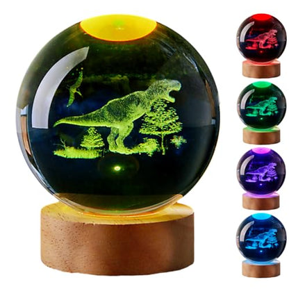 3D Dinosaur Crystal Ball Lamp with Remote Control, 3.15 inch T-rex Crystal Night Light with Wooden Base 16 Colors Change, Glass Dinosaur Figurine Lamp Gift for Girls Boys Wife Mom (T-rex) - color: T-rex