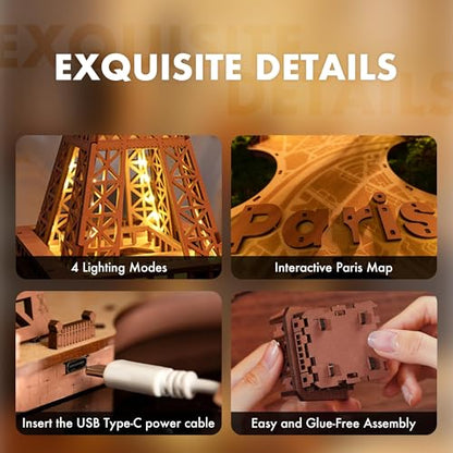 ROBOTIME 3D Puzzle for Adults DIY Model Building Kit Wooden Eiffel Tower Craft Kit Architecture Toy Set Brain Teaser Gifts for Friend
