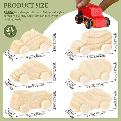 Lenwen 48 Pcs Wooden DIY Car Toys for Party Unfinished Wooden Cars, Wood Truck Wood Graffiti Toy Truck and Crafts DIY for Students Girls Boys Activities Craft Projects Woodworking (Cute) - style: Cute