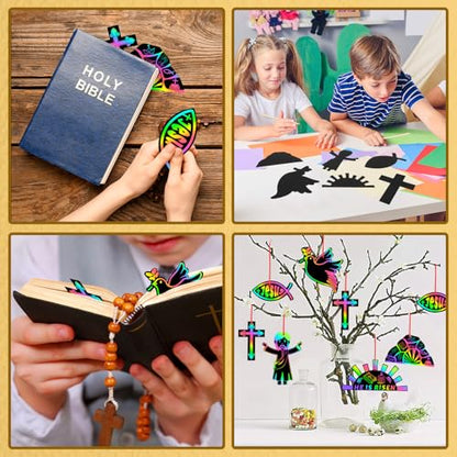 JULMELON 36Pcs Religious Easter Crafts for Kids, Rainbow Scratch Art - style: Religious Easter Crafts