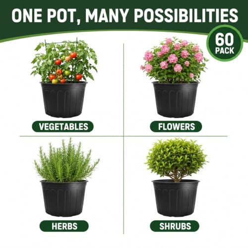 60 Pack 12.8 Inch 5 Gallon Large Plastic Plant Nursery Pots - size: 60pcs 5 gallon