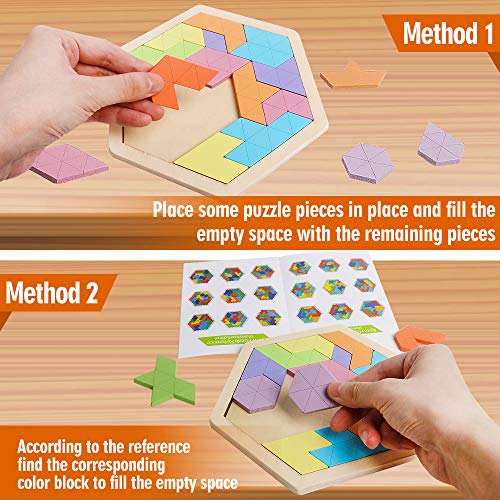 Wooden Hexagon Tangram Puzzle, STEM Educational Brain Teaser for All Ages - style: Puzzle 3- Pink