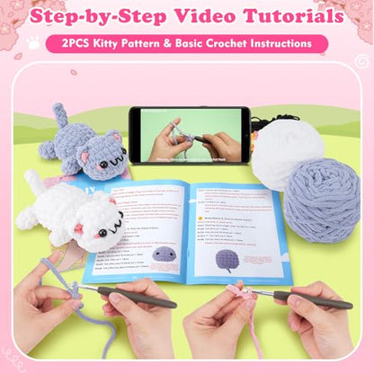 2PCS Kitty Crochet Kit for Beginners Cats Crochet Starter Kit for Adults - color: Gray White Cat