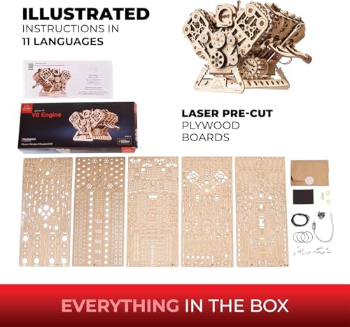 UGEARS V8 Engine Model Kit - 3D Wooden Puzzles for Adults, 3D Puzzle Model Engine Kit, DIY Kits Gifts for Engineers for Fathers Day, Wooden Model Kits for Adults to Build, Brain Teaser Hobby Set