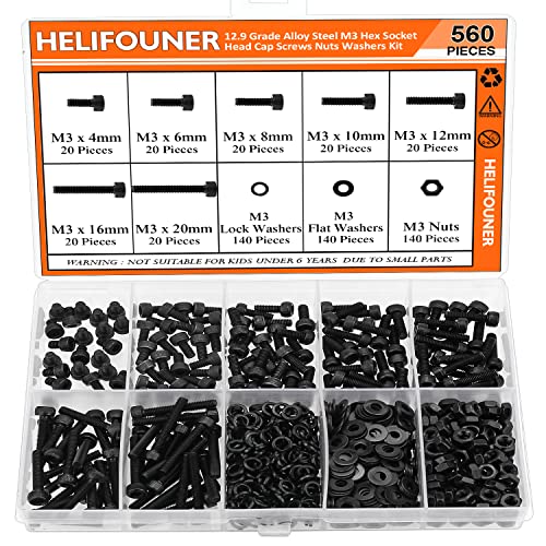 HELIFOUNER 560 Pieces M3 x 4mm /6mm /8mm /10mm /12mm /16mm /20mm, Hex Socket Head Cap Screws Bolts Washers Nuts Kit, 12.9 Grade Alloy Steel, Full Threaded, Black - size: M3, style: Socket Head