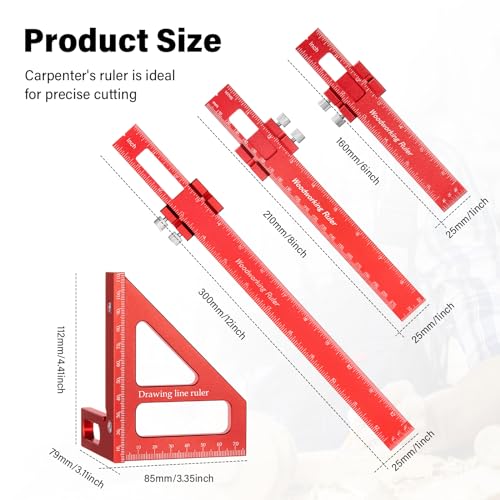4 Pcs Woodworking Ruler, Metal Precision Pocket Rulers 12, 8, 6 Inch with 3D Multi Angle Measuring Ruler 45/90 Degree for Precision Measuring Marking Inch and Metric