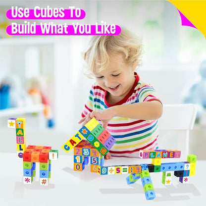 100 Math Linking Cubes, Math Cubes with 384 Reusable Stickers-Letters, Numbers, Shapes, Manipulative Geometric Connecting and Counting Blocks, Educational Toy for Kids Math Learning and Fun Activities - style: 100-Cubes+ 384 Letters Stickers