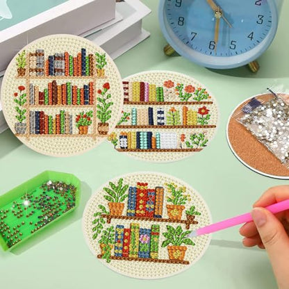 Diamond Art Coasters Kit, 8 Pieces Books Diamond Painting Coasters Kit - color: Bookshelf