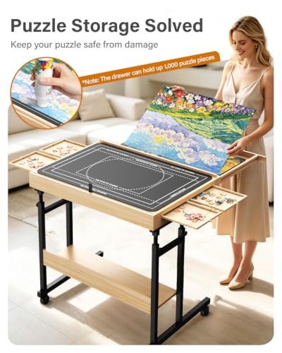 1500-Piece Wooden Puzzle Table with Moving Caster for Family Puzzling, Height Adjustable Puzzle Board with Drawers & Felt Cover for Adults & Kids, Gift for Mom, Parent, and Puzzle Enthusiasts