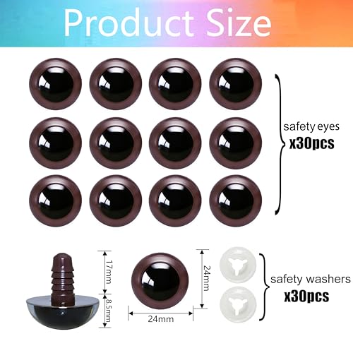 BESTCYC 60pcs 24mm Brown Plastic Safety Eyes Craft Eyes with Washers for Amigurumi Dolls Plush Animals DIY Craft Lovers Doll Makers Crochet Craft Supplies - color: Brown, size: 24mm