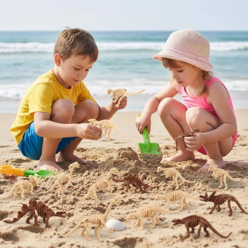 30 PCS Dinosaur Fossil Skeletons, Assorted Dinosaur Skeleton Toys Figures for Science Play Dino Sand Dig Party Favor Decorations - style: Light and brown