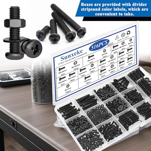516Pcs Nuts and Bolts Assortment Kit, Phillips Pan Head, Black - color: Black