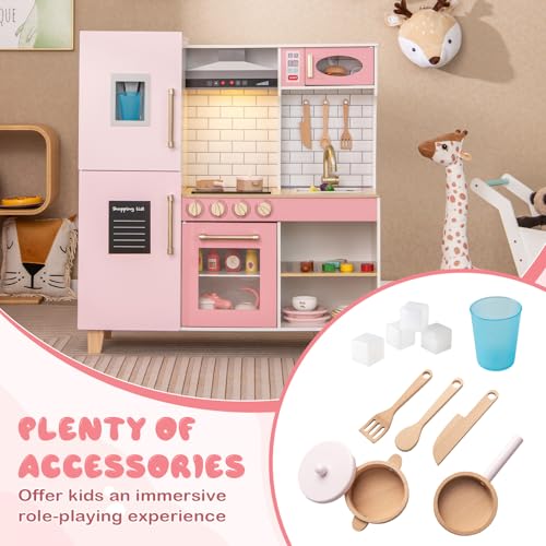 Costzon Kids Kitchen Playset, Wooden Pretend Play Kitchen with BBQ Grill, Ice Maker, Range Hood, Blackboard & Cooking Accessories, Toy Kitchen Set with Lights & Sounds, Gift for Toddlers Ages 3+ - color: Pink