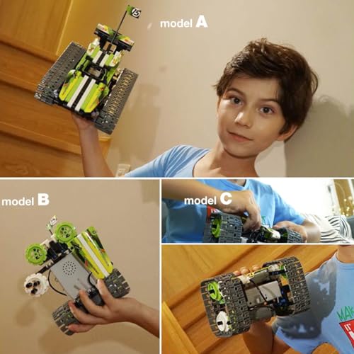 BIRANCO. Remote Control Tracked 3in1 Stunt Racer Building Kit - RC Car STEM Construction Toy, Gift Idea for Kids, Boys and Girls Ages 8-12 Year Old (353 Pcs) - color: Green
