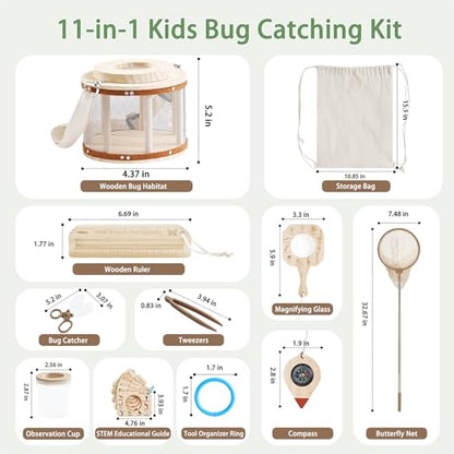 Wooden Bug Catcher Kit for Kids Ages 3-8, 11PCS Outdoor Nature Explorer Kit with Bug Habitat, STEM Educational Guide, Butterfly Net & Magnifying Glass, Montessori Catching Toy & Camping Gift