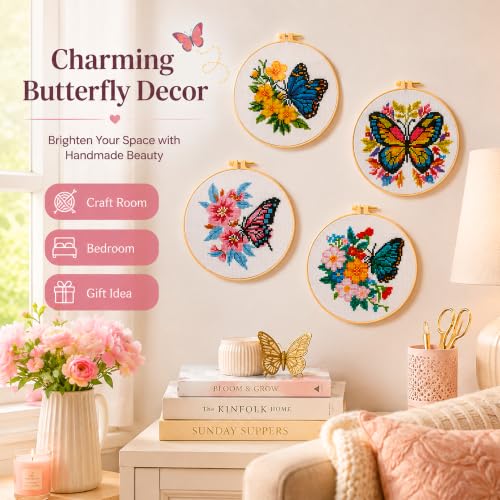 Zhenqing 4 Pack Butterfly Stamped Cross Stitch Kit for Beginners - color: 4 Pack Butterfly