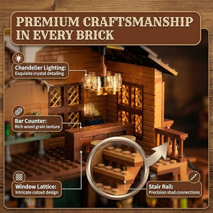Western Bar Building Blocks with LED Lights, Wild West Saloon Architecture Model, Modular Old West Building Set for Adults, Detailed Desert Themed Collectible Display (1902 pcs)