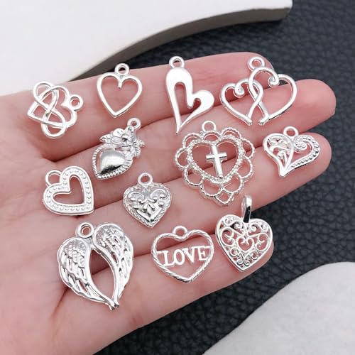 WOCRAFT 60pcs Bright Silver Heart Charms Bracelet Charms for Jewelry Making Sets DIY Necklace Bracelet Keychain Crafting Charms Kit Craft Supplies (SN921) - color: Bright Silver, size: Heart Charms