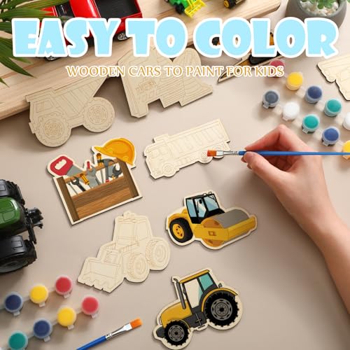 JellyArch 24 Pcs Construction Painting Kits Unfinished Wood Construction Trucks Cutouts DIY Wooden Painting Bulk Crafts Cutouts Refrigerator Magnets for Home Decor Gift - style: Construction Vehicles