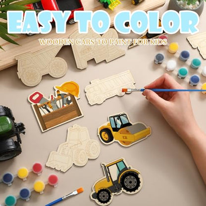 JellyArch 24 Pcs Construction Painting Kits Unfinished Wood Construction Trucks Cutouts DIY Wooden Painting Bulk Crafts Cutouts Refrigerator Magnets for Home Decor Gift - style: Construction Vehicles