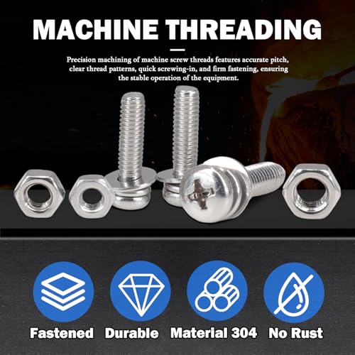 920Pcs Machine Screws Nuts and Bolts Assortment Kit,M3×（6mm，10mm，16mm，20mm） Phillips Pan Head Assorted 304 Stainless Steel Bolts, Nuts, Flat washers, and Spring washers - size: 3 mm, style: Round head machine screw