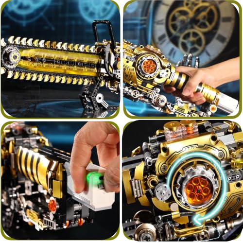 Mechanical Chainsaw Building Kit, 1096 Pcs Motorized Rotating Chain Model with 2-in-1 Manual & Electric Gear Drive, LED Lights, STEM Engineering Toy Gift for Adults Teens & Kids 8+
