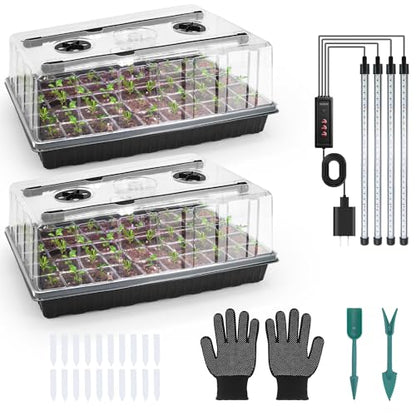 Mulctun 120-Cell Seed Starter Tray with Grow Light, Seedling Starter Trays with 4.08" Humidity Dome, Self-Watering Plant Germination Trays,Seed Starter Kit for Seeds Growing (Black) - size: 2 Pcs