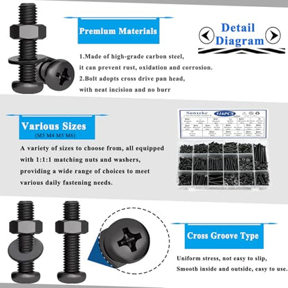516Pcs Nuts and Bolts Assortment Kit, Phillips Pan Head, Black - color: Black
