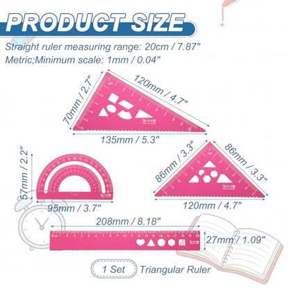 HARFINGTON 4pcs Triangular Ruler Set 20cm Aluminum Alloy Straight Geometric Protractor Triangle Engineering Scale Drafting Ruler Kit Measuring Drawing Tool for Classroom Office Home, Pink - color: Pink