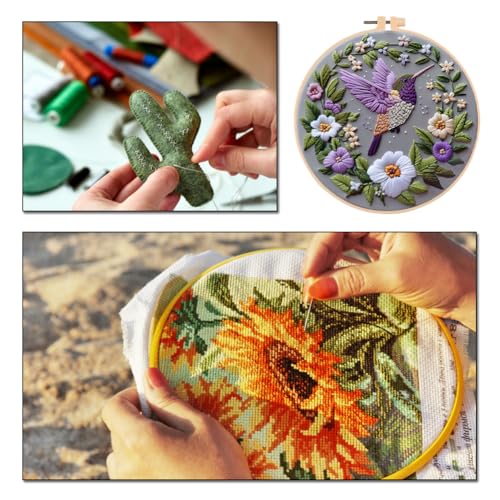 Needlework Embroidery Kit with Hoop,Flower Hummingbird Pattern Handmade Cross Stitch Sewing Art Craft Kit with Stamped Design Cotton,Threads,Needles for Beginners - color: Hummingbird Flower